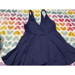 Womens Navy Blue V-Neck Swimdress Swim Skirt One Piece Bathing Suit